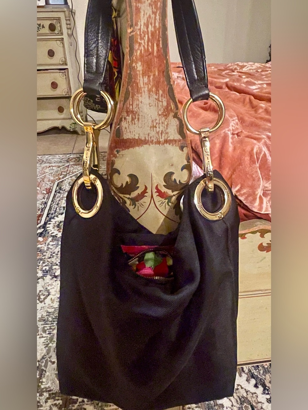 JPK Paris 75 Nylon Hobo Shoulder Bag W/ Chunky Gold Hardware & Floral Lining